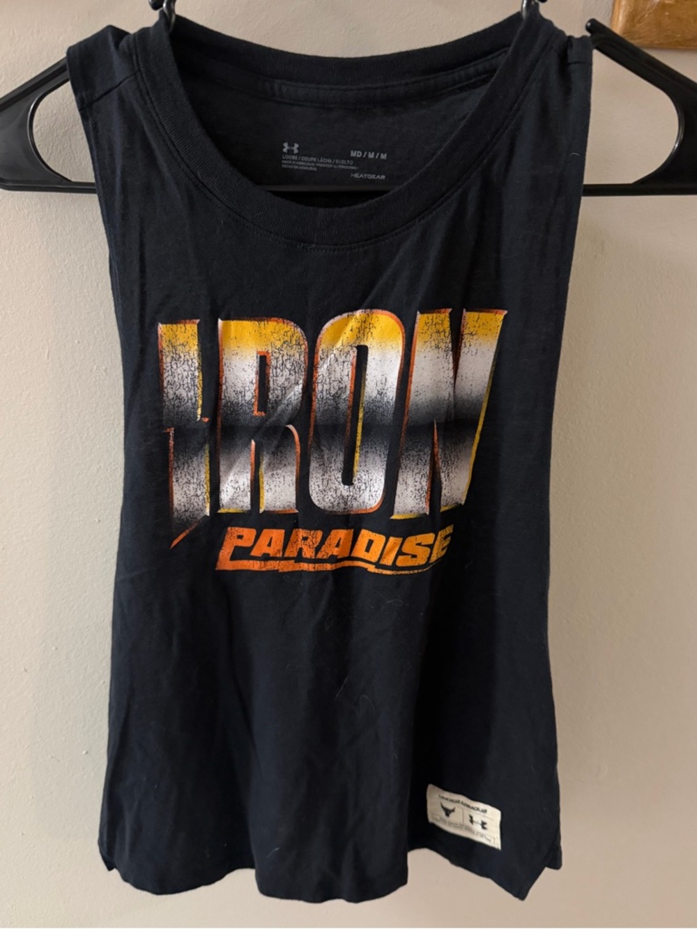 Under Armour Black Muscle Tank with Orange and White 'IRON PARADISE' Graphic